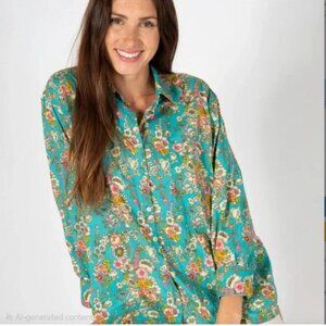 Natural Life Turquoise Bouquets Lived In Button Down Shirt